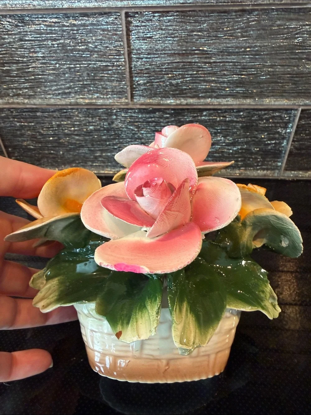Vintage Capodimonte Italy Porcelain Pink Yellow Rose Flower Basket Centerpiece